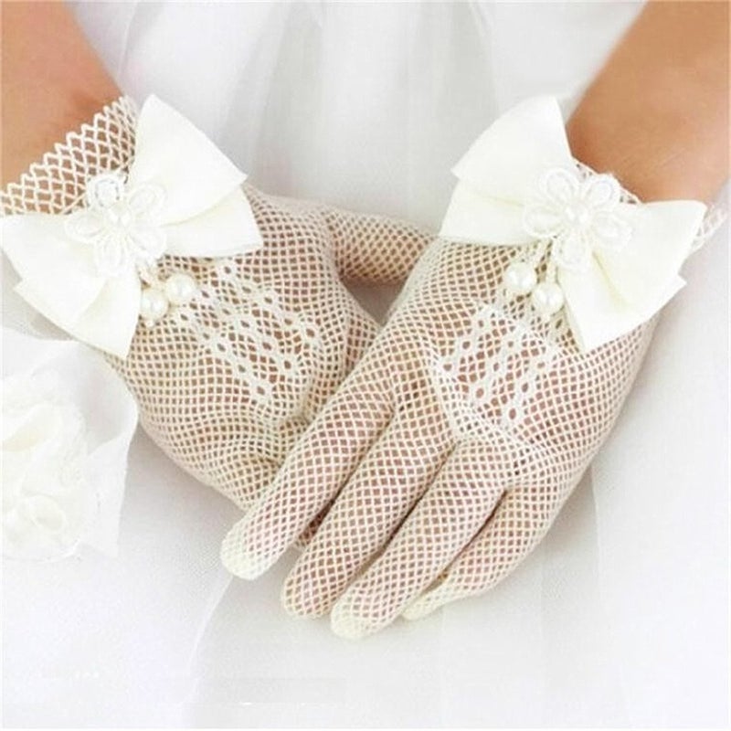 DreamHigh Wedding Flower Girls Mittens Pearl Bow Tie Fish Net Gloves- White - Image 3